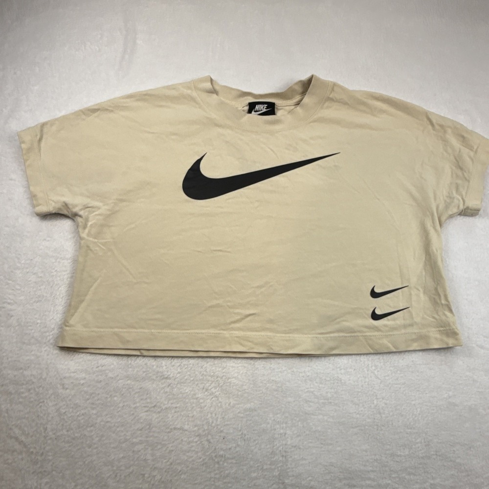 Nike Beige Cropped Double Swoosh Logo Oversized T-Shirt Womens M CJ3764-238
